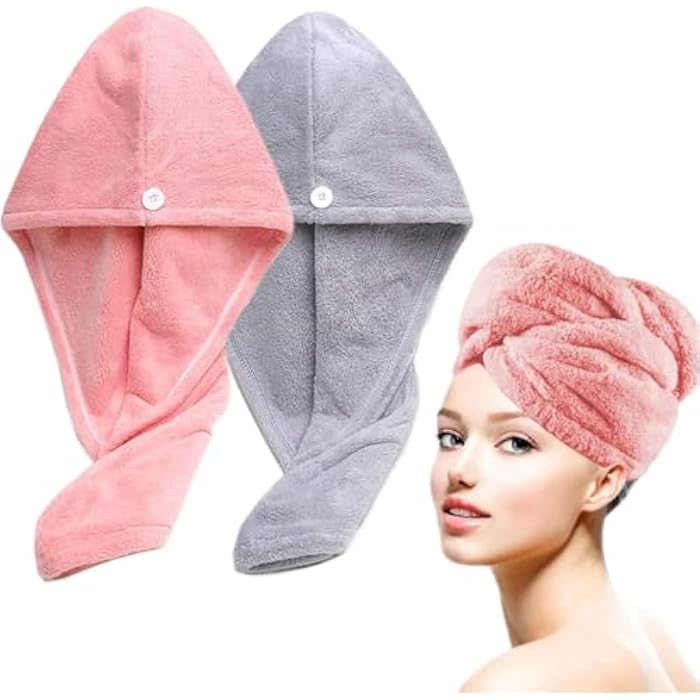 Hair Towel Wrap for Women (2 Pack) Microfiber Turban Quick Drying Super Absorbent with Button for Wet and Dry Hair Red Grey Microfiber - Image 1